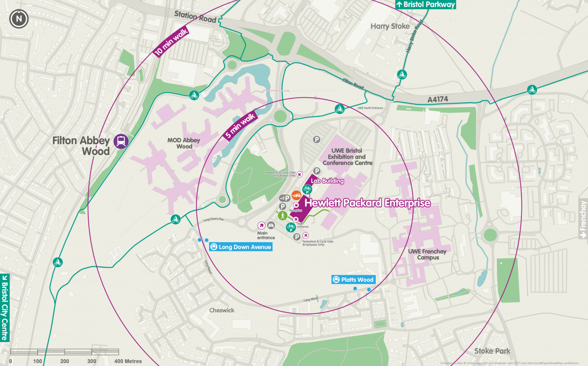 Car park, electric vehicle charging, cycle parking, bus stops, Filton Abbey Wood train station, walk and cycle paths are available within a 10 minutes walk.