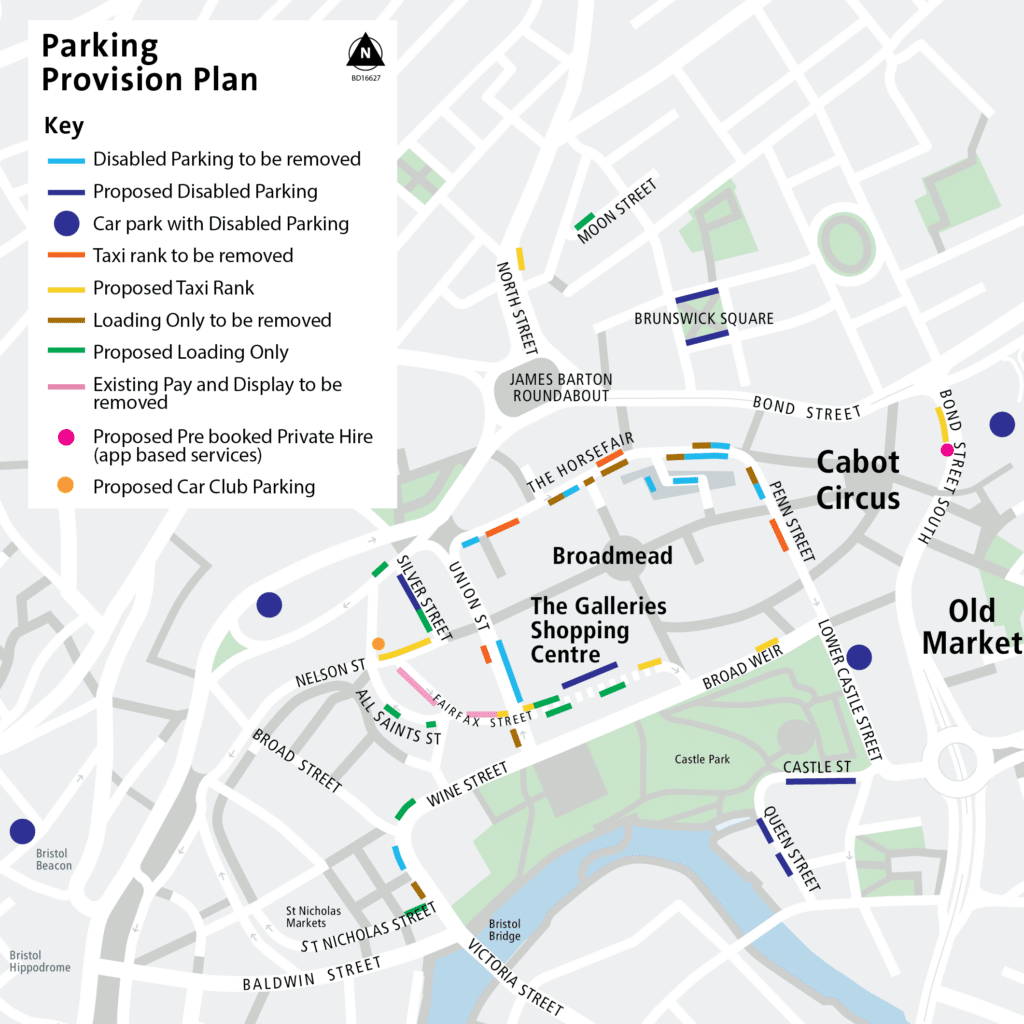A map of Bristol City Centre showing proposed parking changes in the Broadmead area which are described on this page 