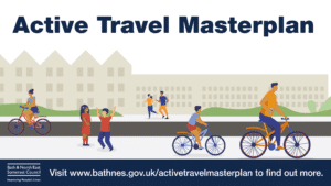 Active Travel Masterplan illustration showing people walking, running and cycling along a residential street