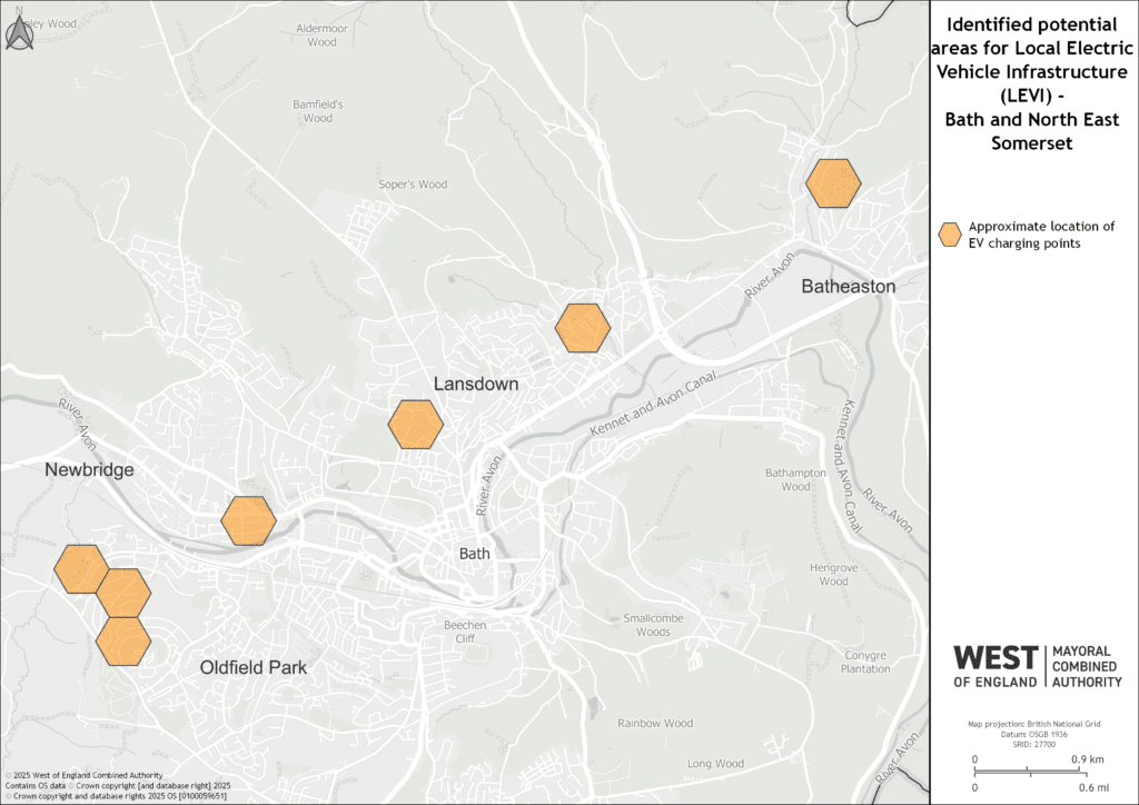 A map of potential EV sites in Bath and North East Somerset