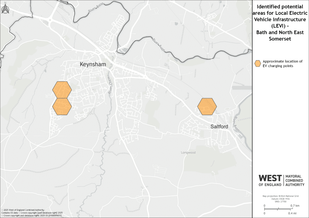 A map of potential EV sites in Bath and North East Somerset