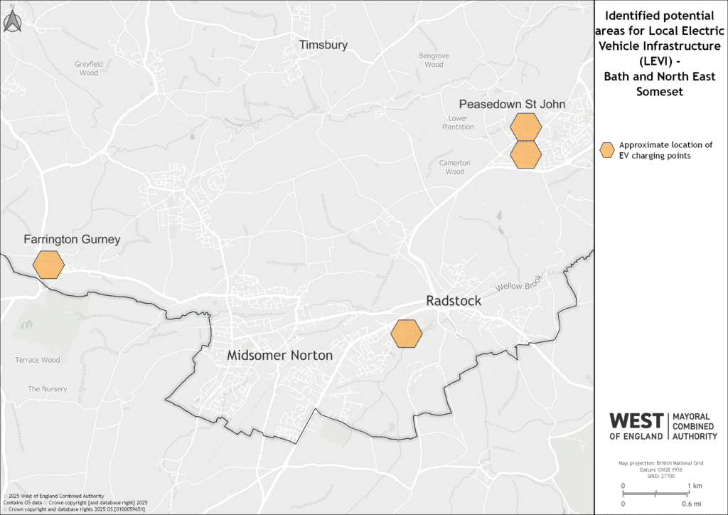 A map of potential EV sites in Bath and North East Somerset
