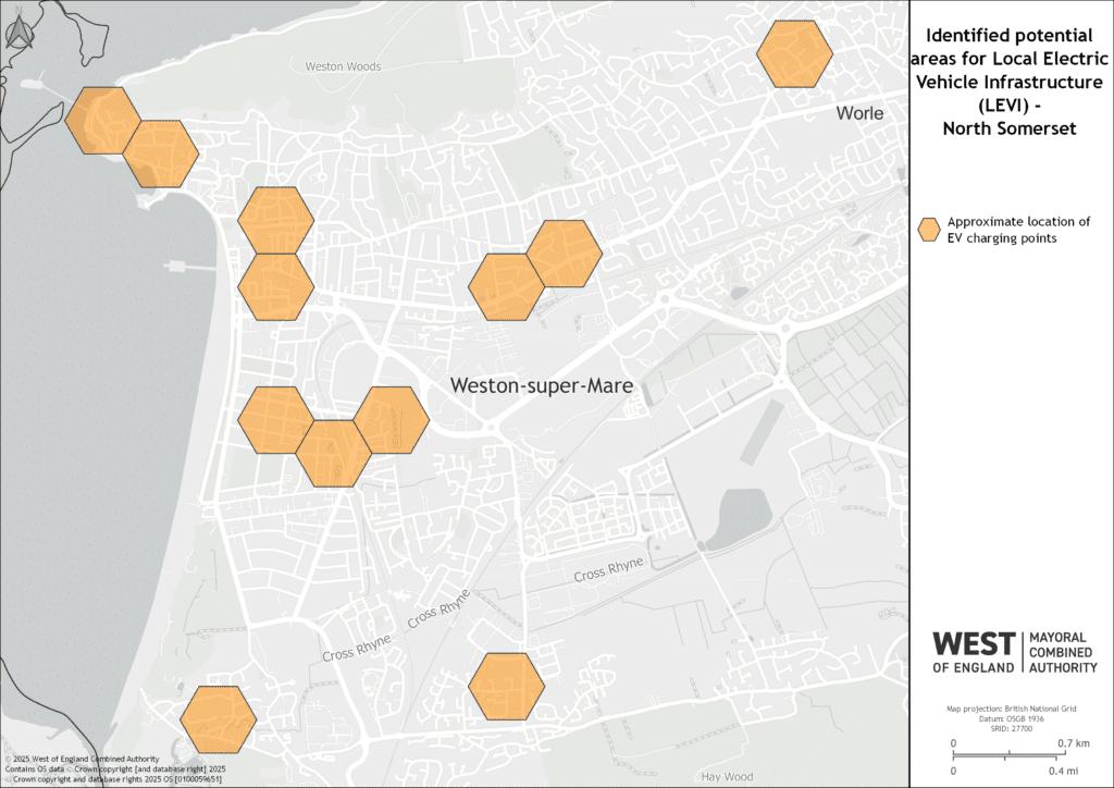 A map of potential EV sites in Weston-super-Mare