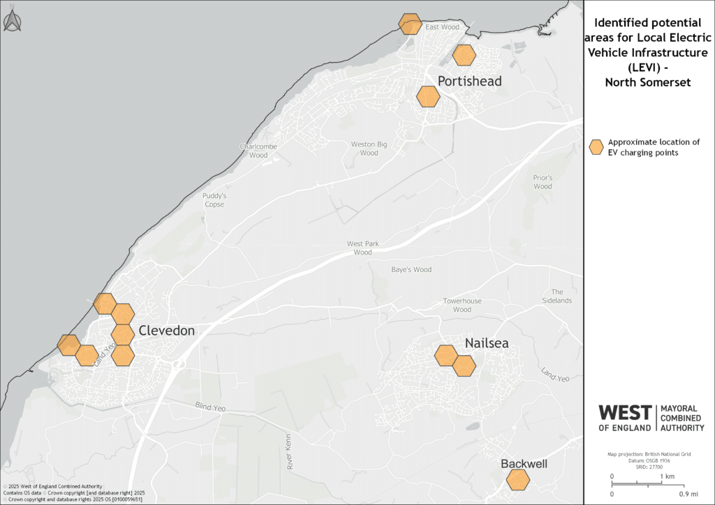 A map of potential EV sites in North Somerset
