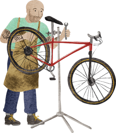 Illustration of a Dr Bike mechanic inspecting a bicycle secured on a maintenance stand.