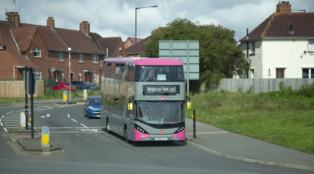 m1 bus to Hengrove Park on a road in Knowle West.
