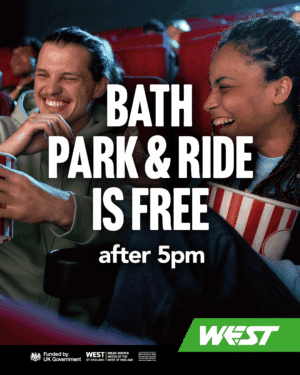 Bath Park and Ride is Free after 5pm text overlaid on a picture of two people laughing in a cinema with popcorn.