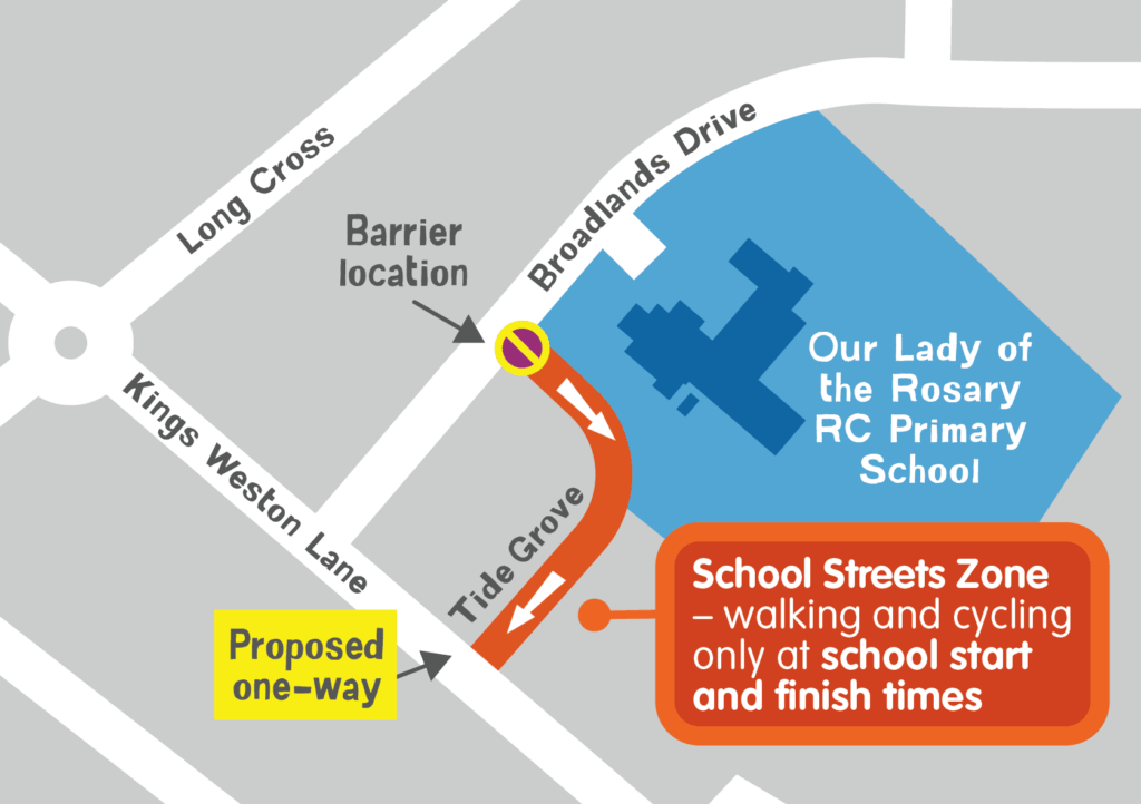 Our Lady of the Rosary RC Primary School streets map showing a section Tide Grove as the new school streets area for walking and cycling only during school start and finish times.
