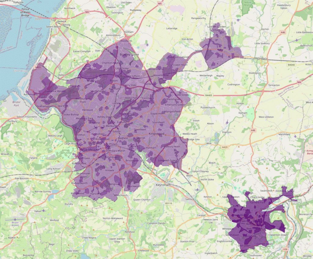 Visual map showing the areas of operation for the e-scooters and e-bikes in the west of england. Clicking this image will open the interactive map with the E-scooter layer active.