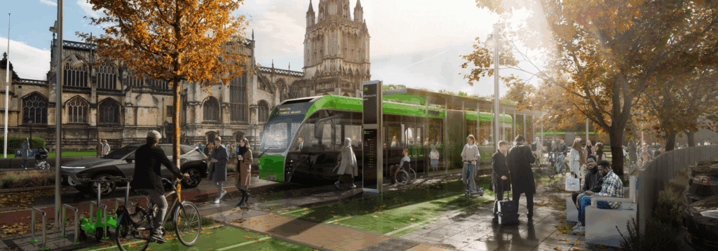Artists impression of a new WEST bus and bus stop surrounded by people with a cathedral in the background