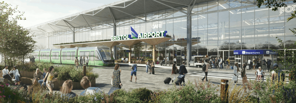 artists impression of the new public transport / pedestrian space outside the main departure lounge of Bristol Airport