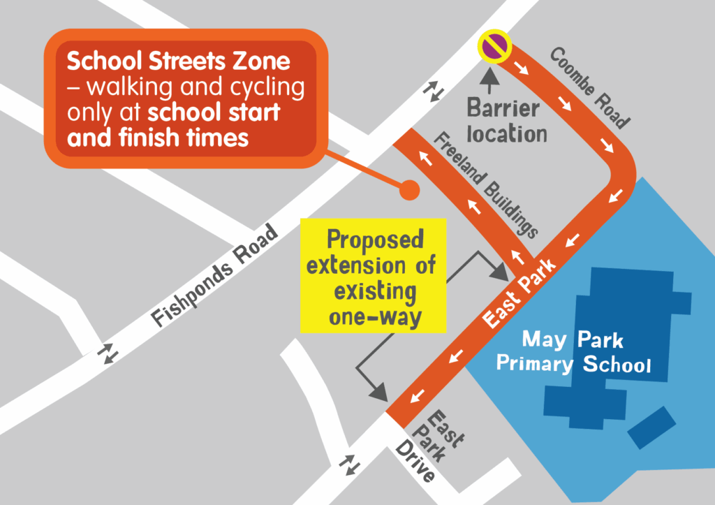 May Park Primary School streets map showing a section of roads, Coombe Road, Freeland Buildings and East Park as the new school streets area for walking and cycling only during school start and finish times.