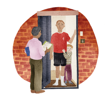 Person taking a survey at someone's door with a main and child within the doorway.