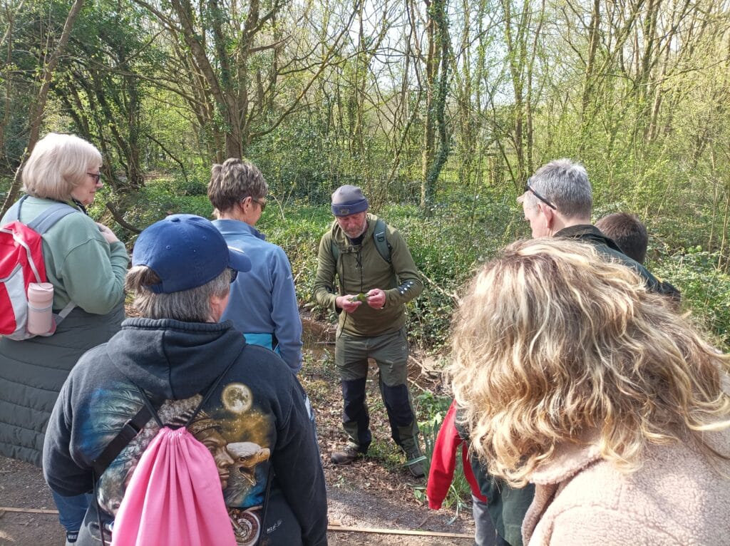 Photo of the walk leader showing a group of people a handful of wild garlic.
