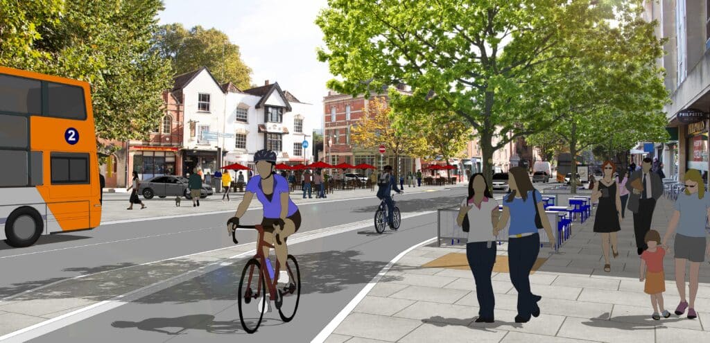 Visualisation of Victoria Street footway level from the north after the works. showing new road layout and cycle lane