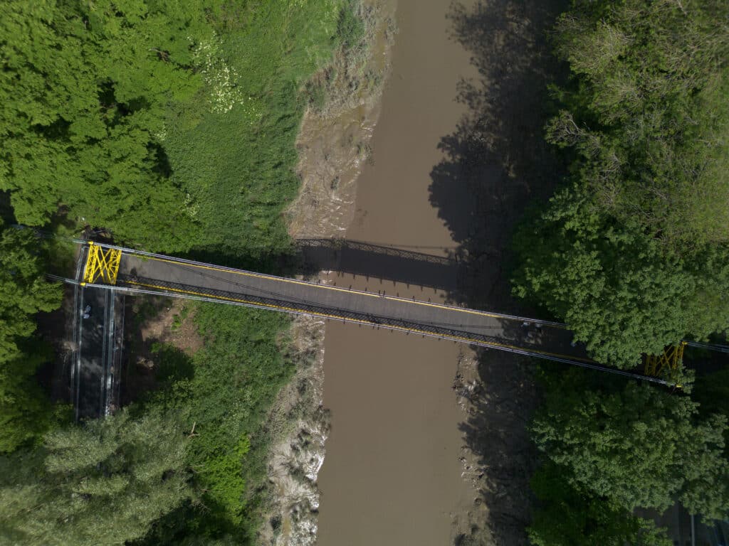 Aerial view of the new Sparke Evans Bridge over the river Avon.