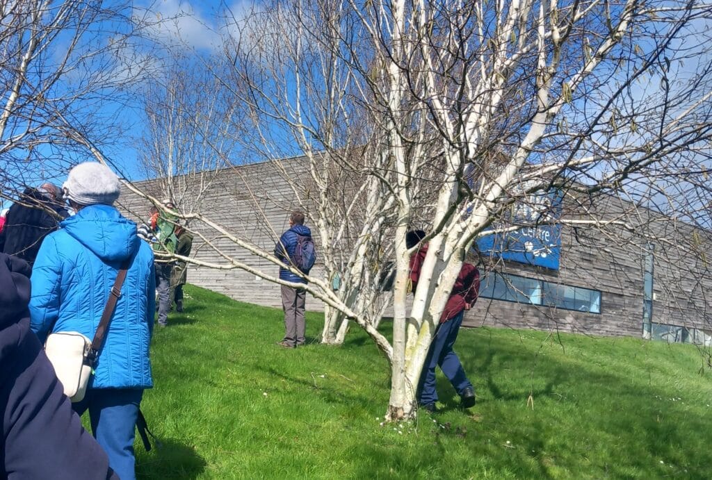 Group of people taking part in a guided nature walk on a grassy slope beside a row of silver birch trees, with a leisure centre building visible in the background under a blue sky.