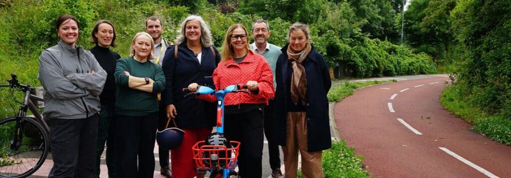 Pictured (left to right): Councillor Ellie King, Councillor for Hillfields; Councillor Heather Mack, Deputy Leader of Bristol City Council; Kerry McCarthy, MP for Bristol East; Andy Watt, Principal Engineer at Walk Wheel Cycle Trust; Heidi Alexander, Secretary of State for Transport; Helen Godwin, Mayor of the West of England; Chris Boardman, National Active Travel Commissioner, Active Travel England; Louisa Dale, England Director, Walk Wheel Cycle Trust. Stood on a cycle path.