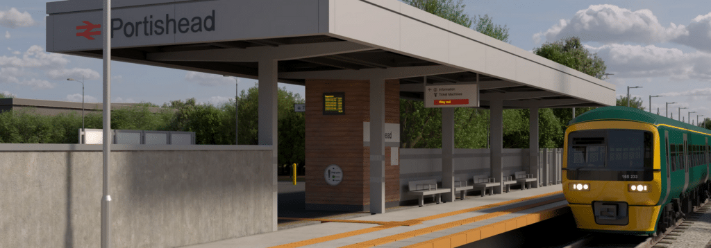 Visualization of the Portishead Rail platform showing the shelter and seating and a train.